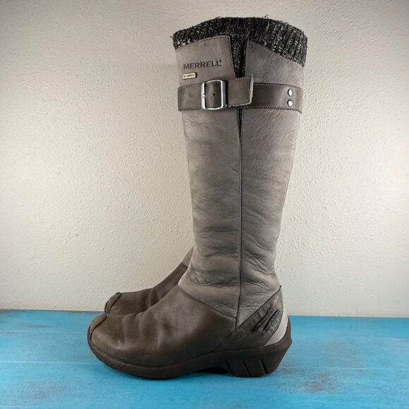 Merrell Womens Tall Leather & Knit Buckle Boots With Zipper Closure Gray Sz 5.5 - Picture 3 of 9